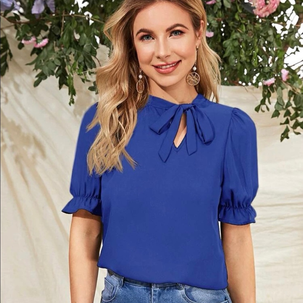 Tie Neck Ruffle Cuff Royal Blue Blouse